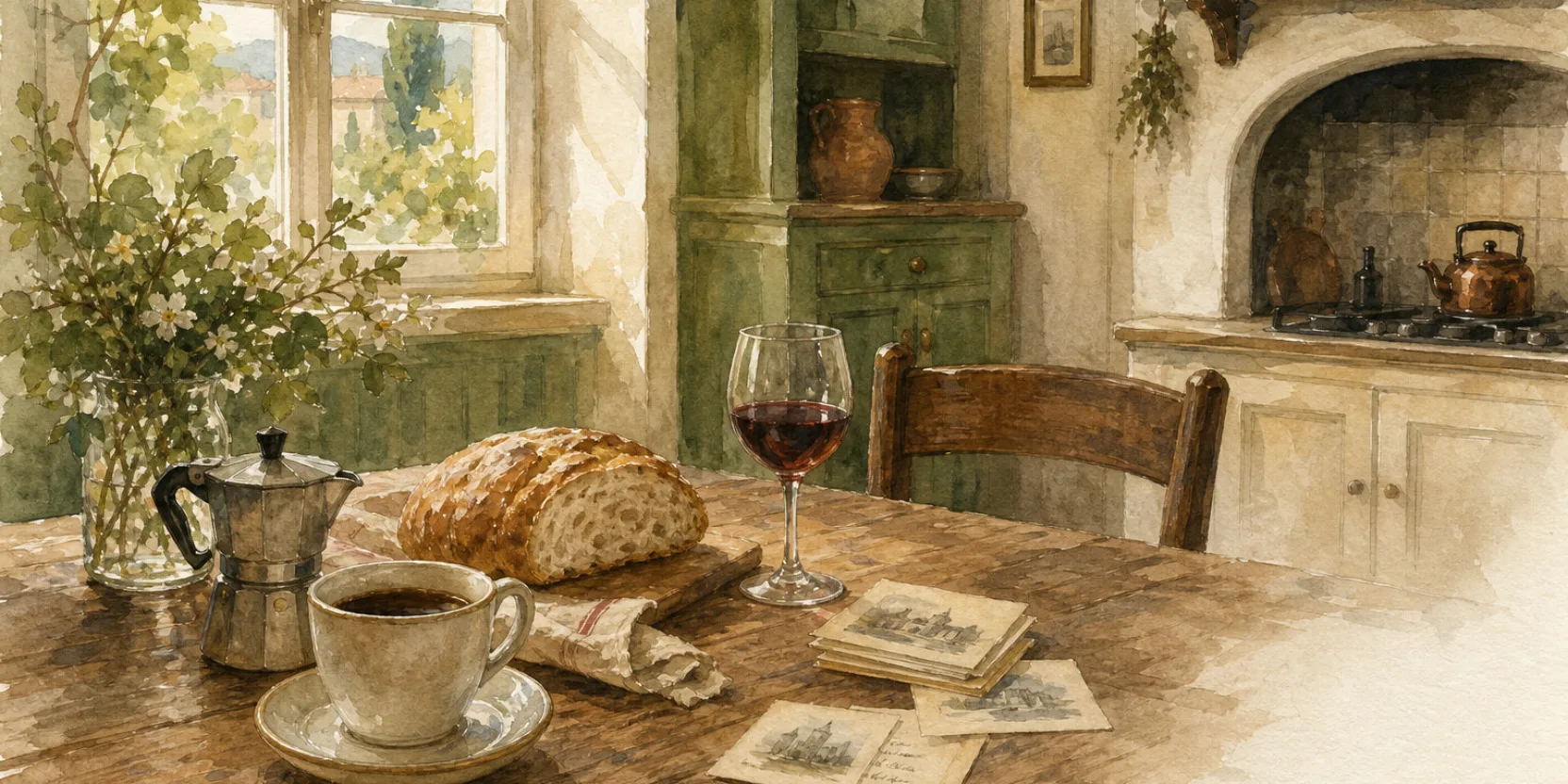Watercolor of a Georgian kitchen table with coffee, bread, wine, and study cards, illustrating the most common Georgian words