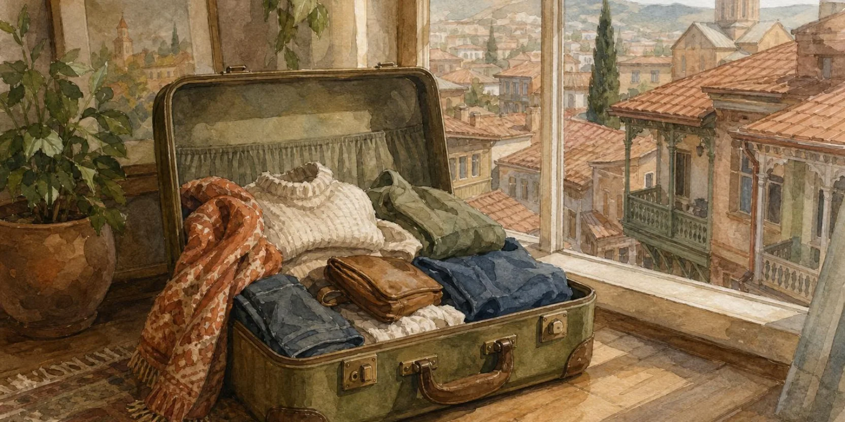 A packed suitcase by a window looking onto Tbilisi old town rooftops, preparing for moving to Georgia