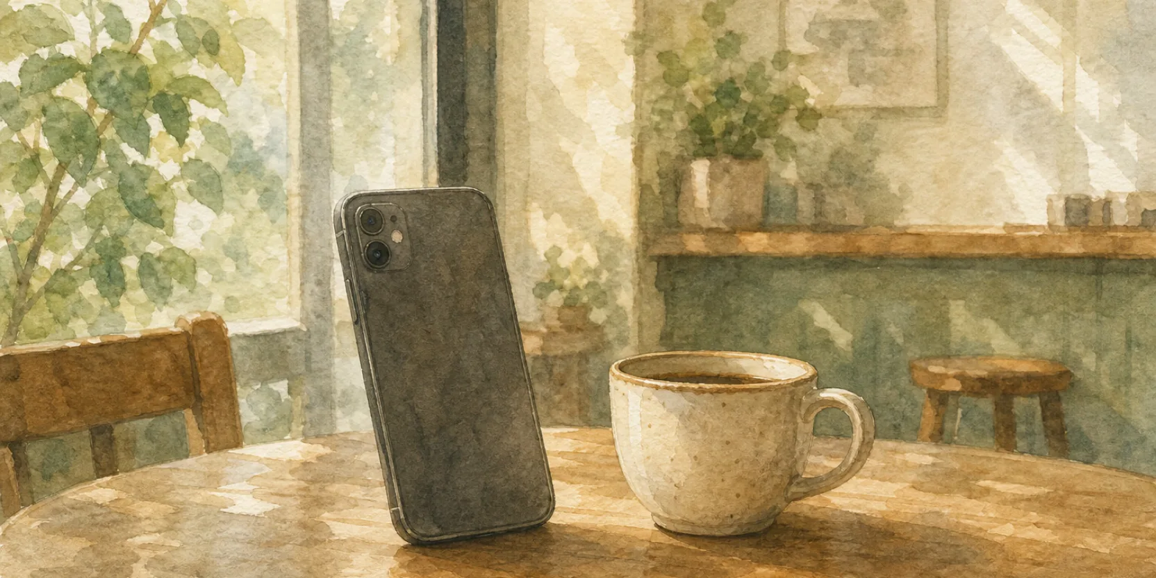 A phone resting upright on a wooden cafe table in soft morning light, evoking the choice of which app to learn Georgian on.