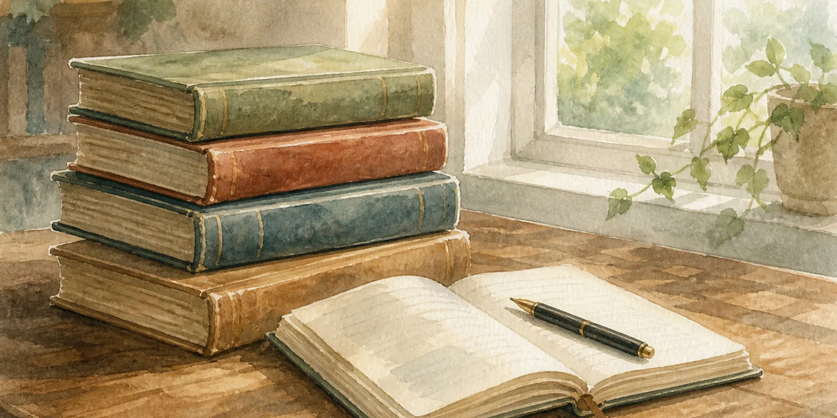 A small stack of language books and a notebook on a wooden table, the shelf you end up with when looking for the best books to learn Georgian.