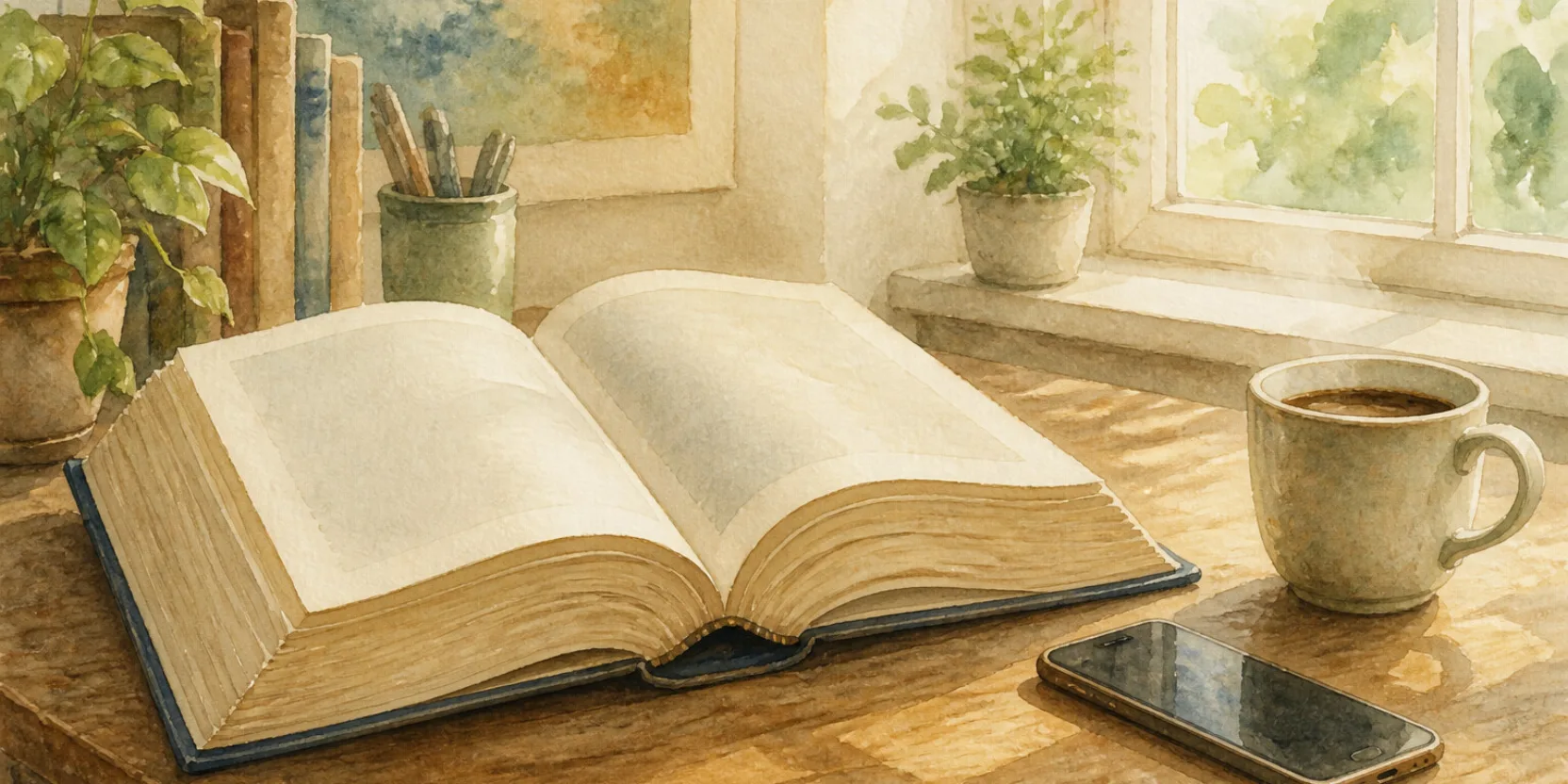 A thick dictionary lying open on a desk beside a phone and a cup of coffee, pages fanned, a Georgian-English dictionary in use.