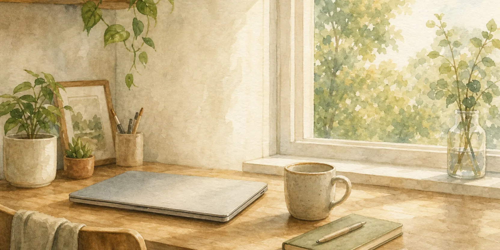 A calm desk corner with a laptop and mug, choosing a Georgian language course, watercolor in soft morning light.