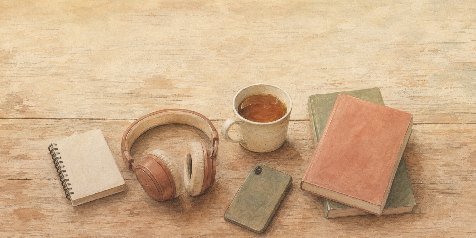 Top-down shot of language-learning materials on a desk: phone, notebook, headphones