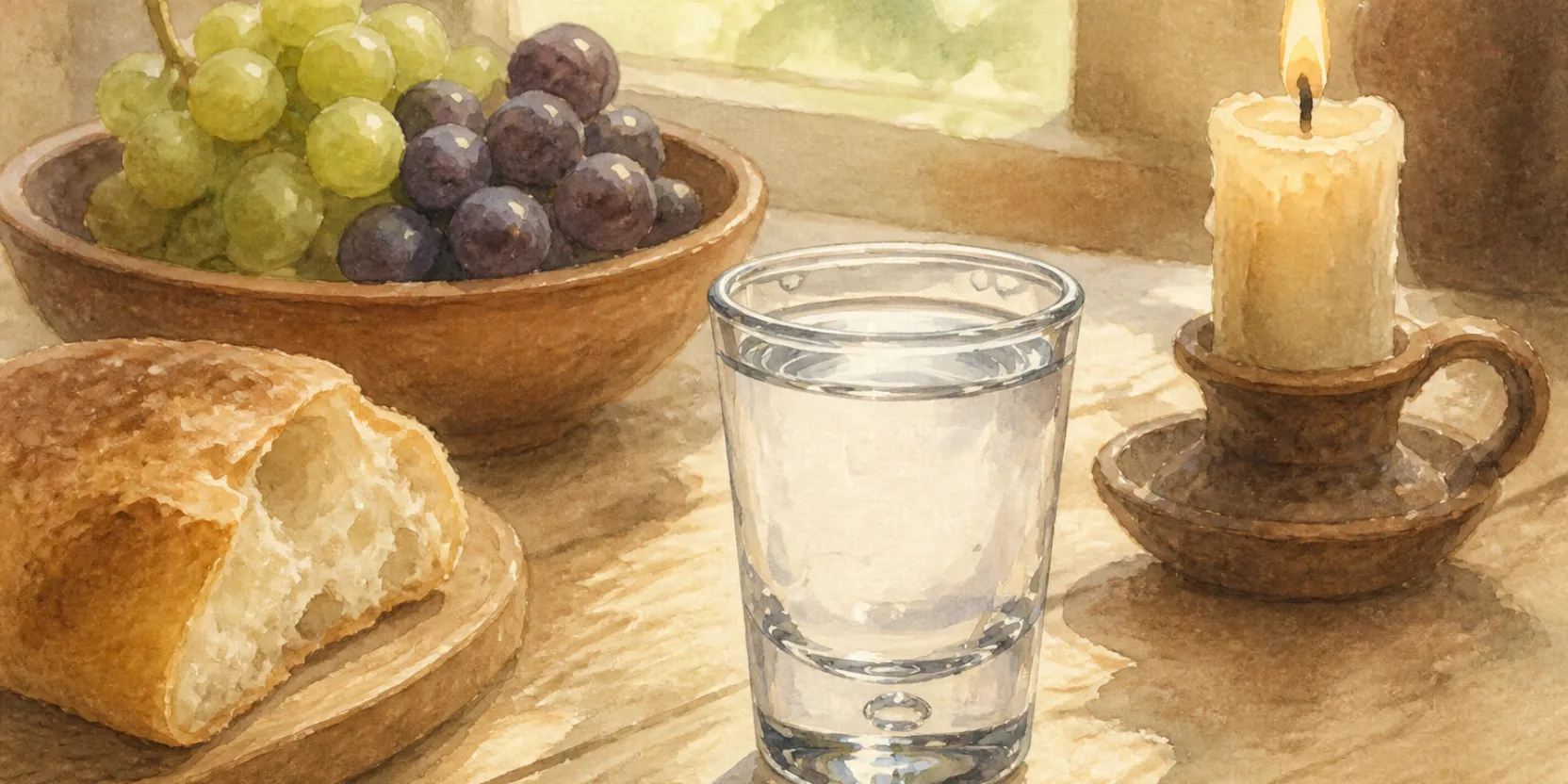 A small glass of clear chacha on a wooden Georgian table at a supra, watercolor in soft warm light.