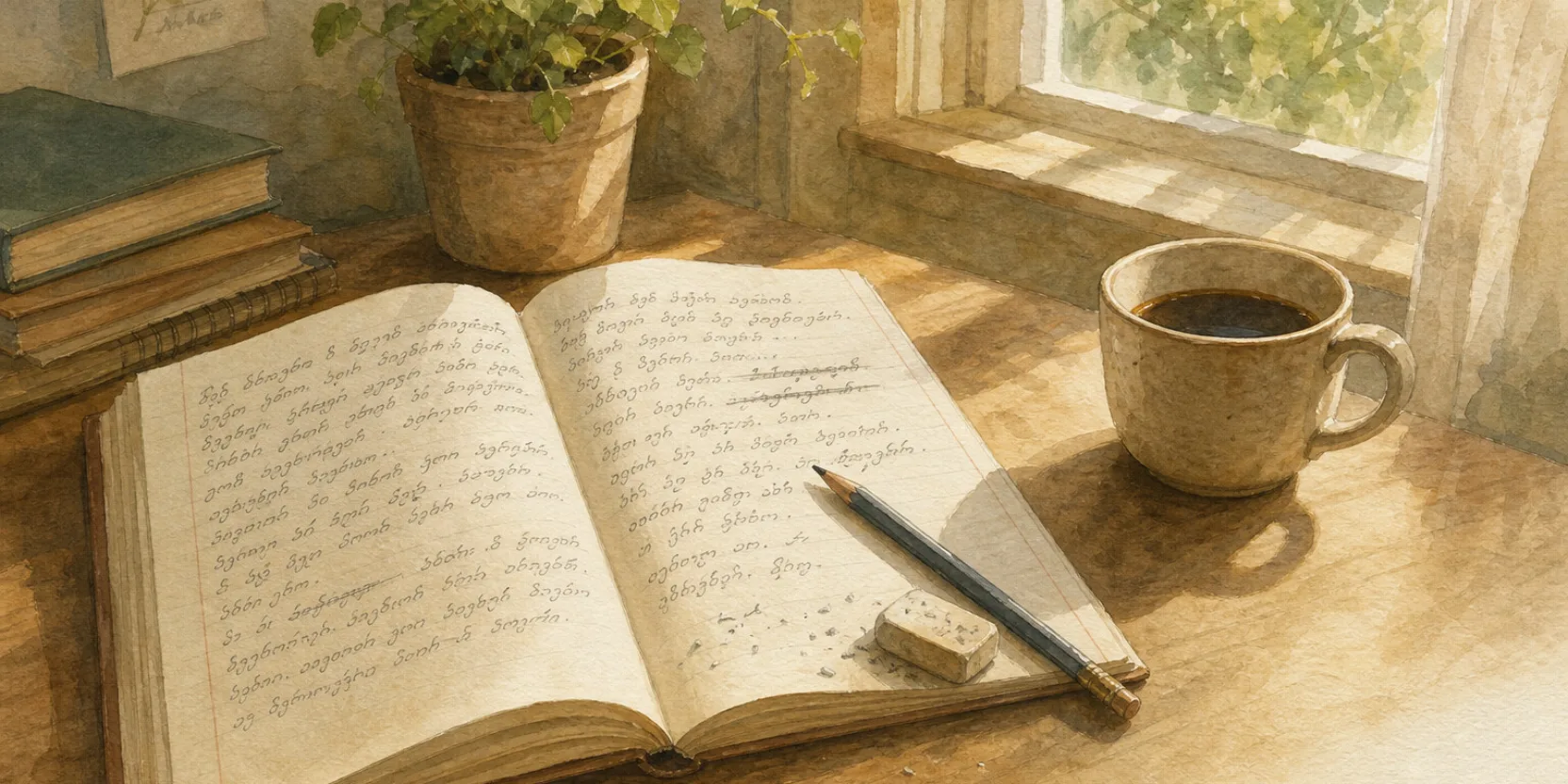 A study desk with a Georgian notebook and a few crossed-out words, representing common mistakes learning Georgian