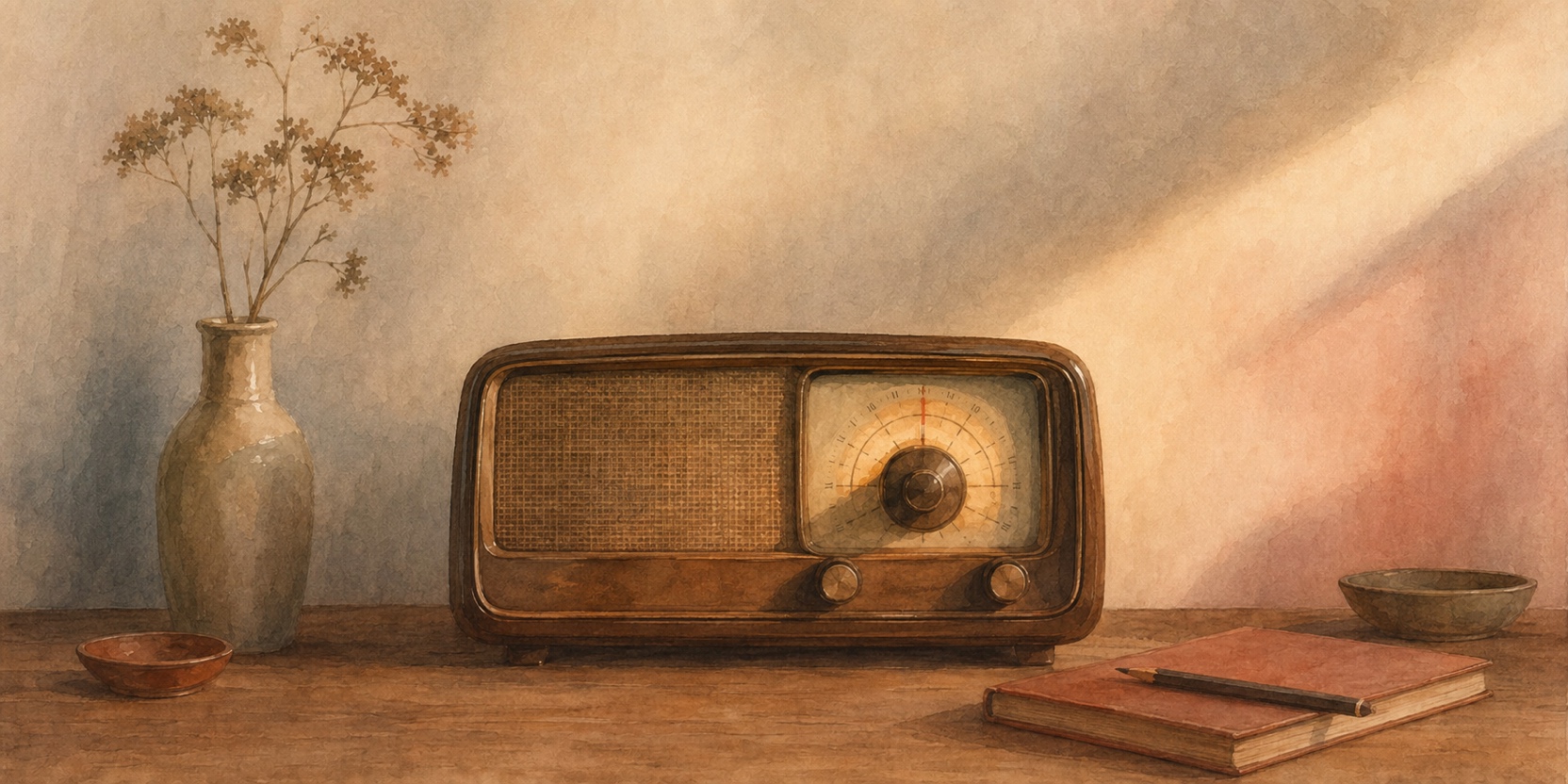 Old radio dial close-up, hands tuning slowly, soft warm light