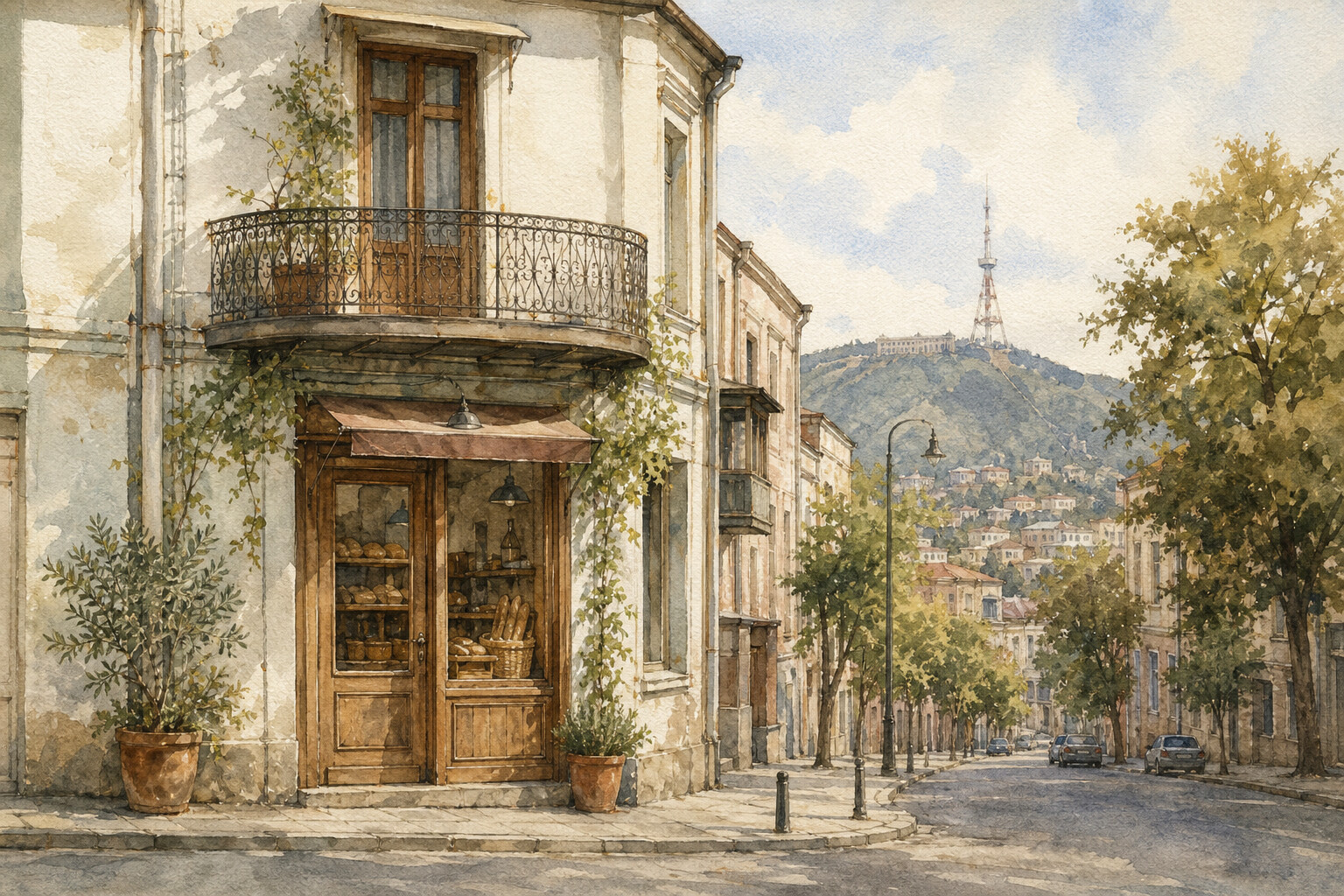 A quiet Tbilisi street in Vera with a corner bakery in soft afternoon light, watercolor.