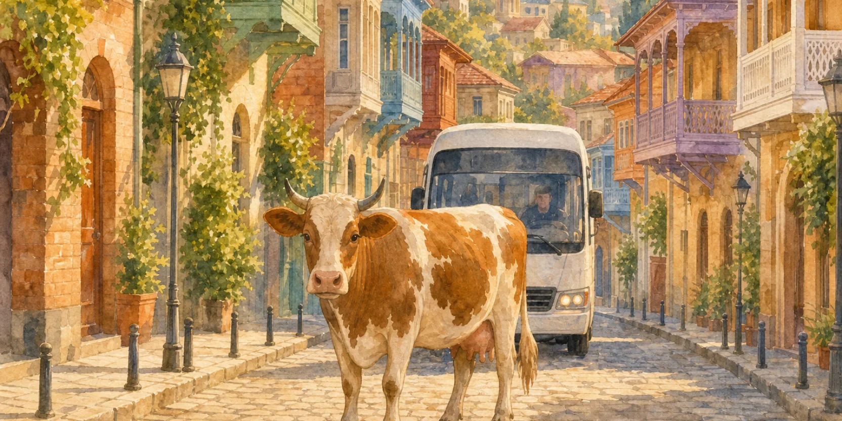 The Cow on Road game: a cow and a marshrutka on a Tbilisi street