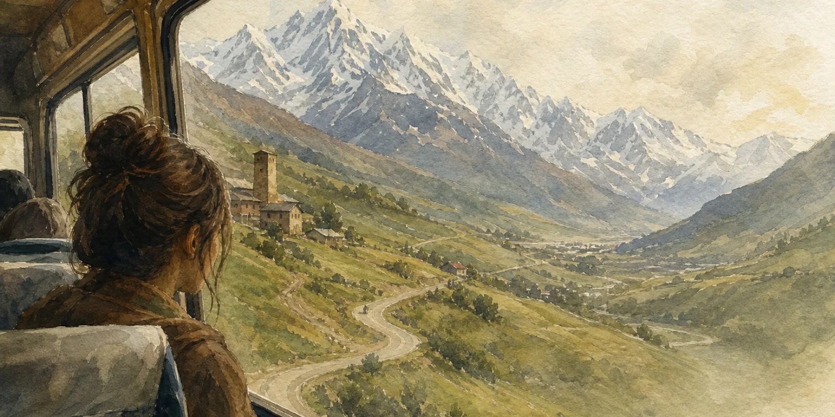 A winding mountain road toward the snow-capped Caucasus, representing day trips from Tbilisi