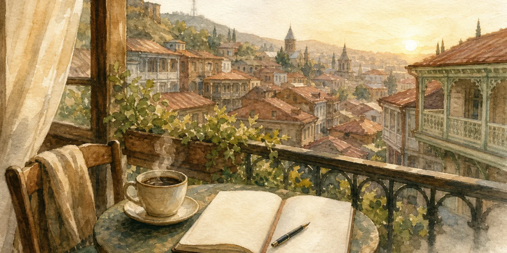 A quiet Tbilisi balcony morning with coffee and an open planner, for learning the days of the week in Georgian, watercolor.