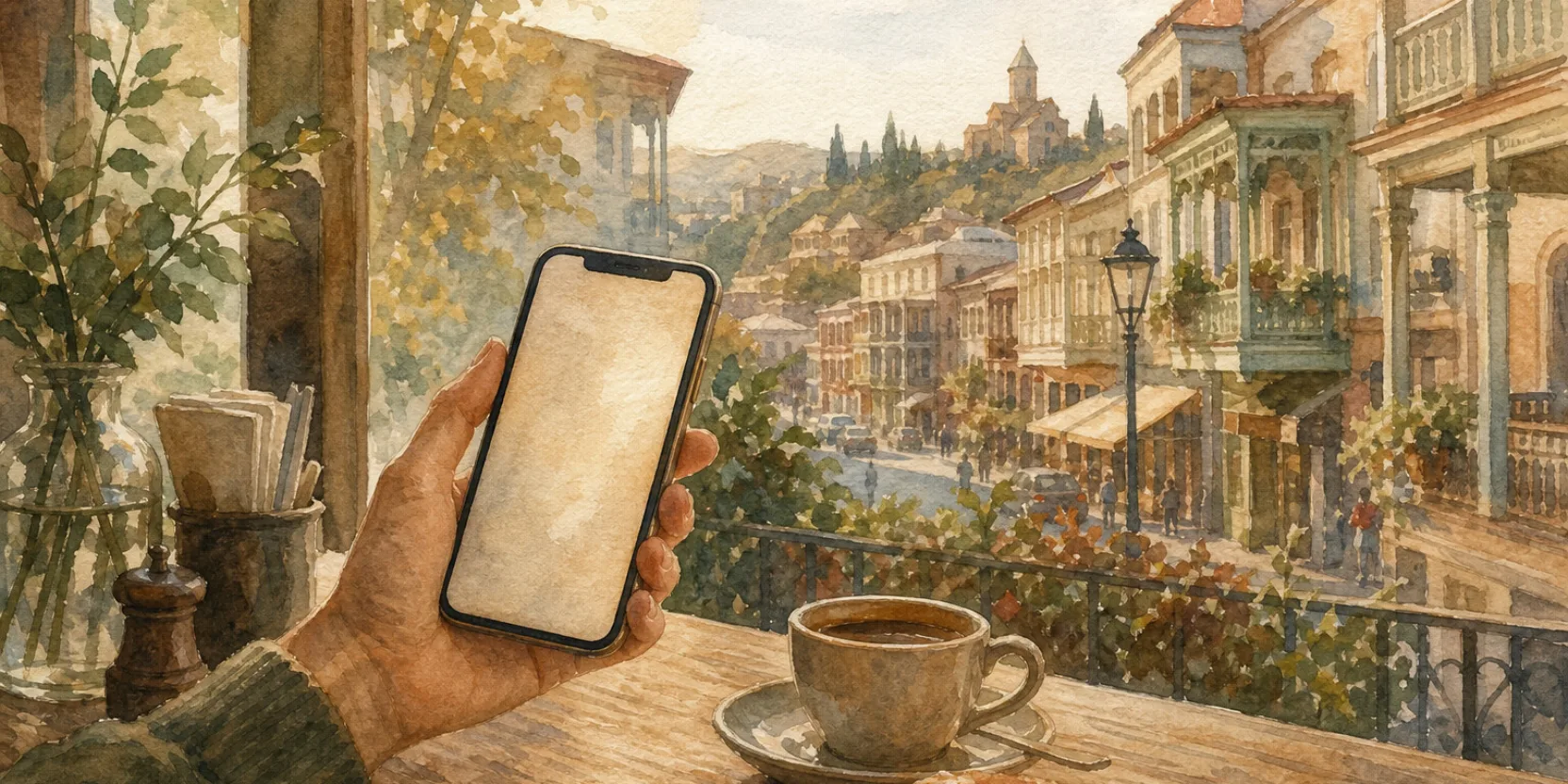 A hand holding a phone at a Tbilisi cafe table while searching for a Georgian course, watercolor in warm afternoon light.