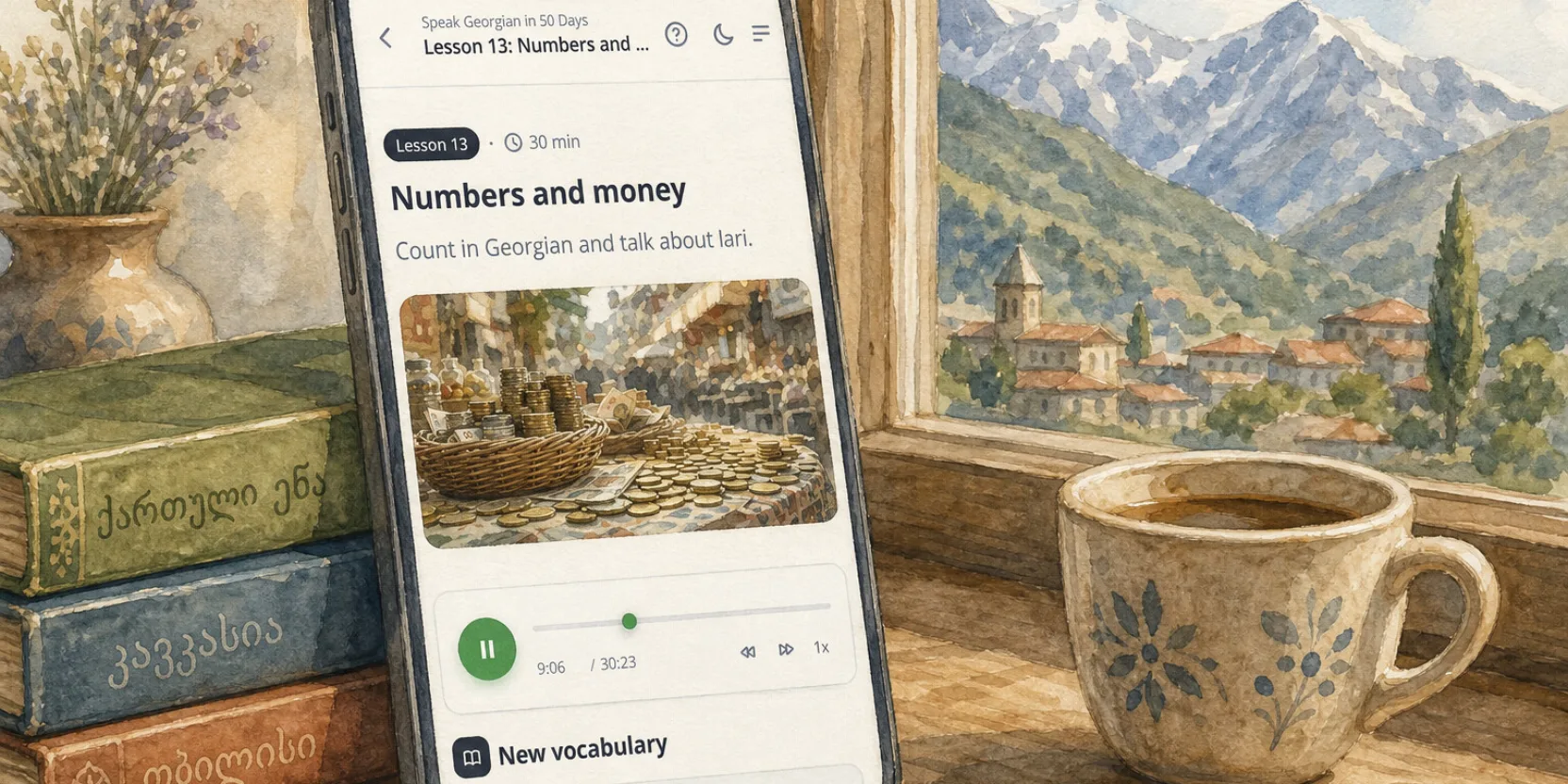 A phone showing the EasyGeorgian audio course propped on a wooden table by a guesthouse window with mountains outside, watercolor illustration