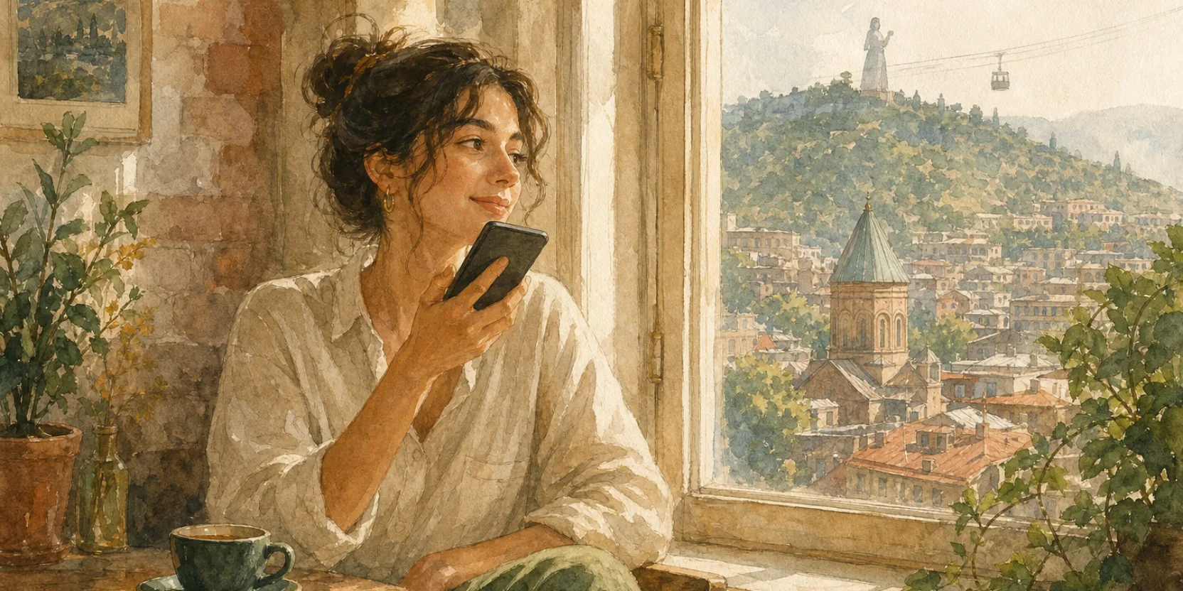 A learner having a relaxed Georgian conversation with their phone at a sunny Tbilisi window, watercolor illustration for the EasyGeorgian Pro launch