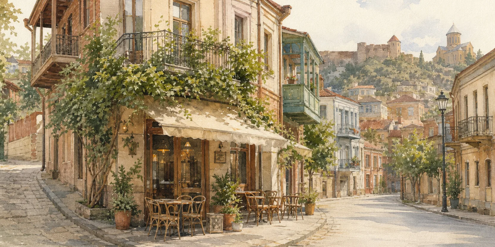 A Tbilisi street with cafes and shopfronts, watercolor in warm afternoon light.