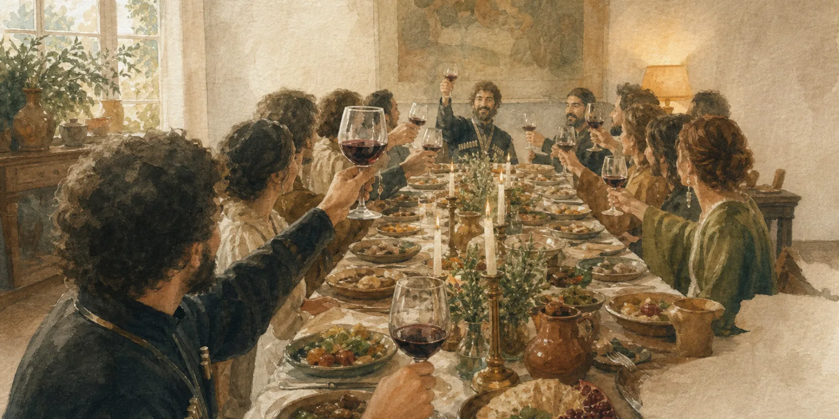 A long candlelit Georgian supra table seen from a guest's seat, glasses raised in a toast, watercolor.