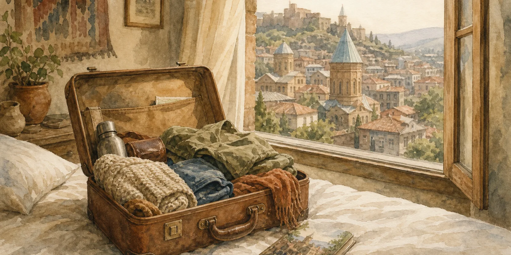 An open suitcase and guidebook by a window over Tbilisi old town, representing a first trip to Georgia