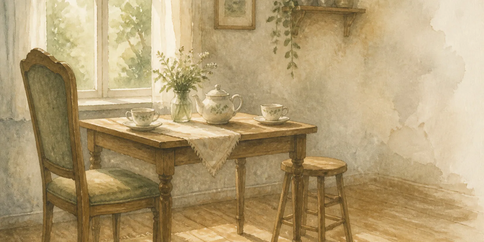 Two chairs at a wooden table set for tea, one a formal high-backed chair and one a plain kitchen stool, the formal and informal Georgian you side by side.