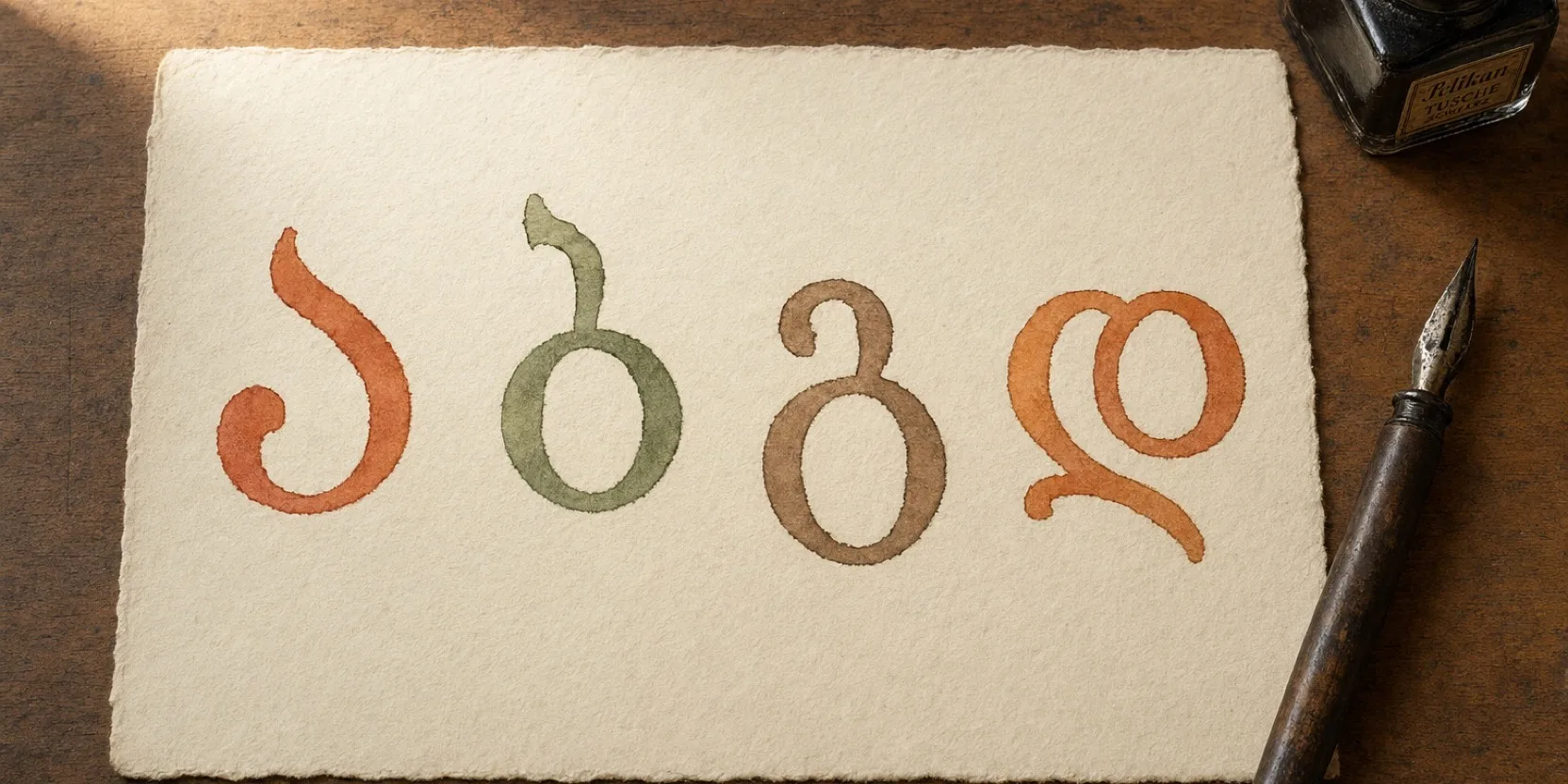 Hand-drawn Georgian letters on paper, grouped in clusters, warm light