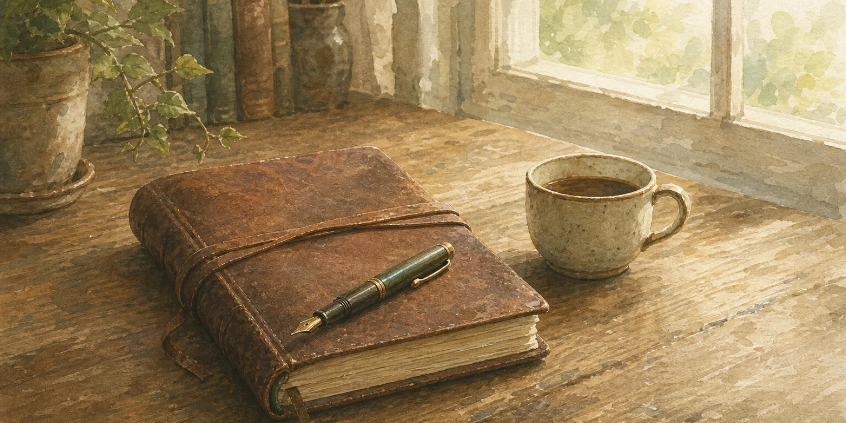 A vintage leather journal closed on a wooden desk, a fountain pen resting on top, a small coffee cup beside, soft morning daylight.