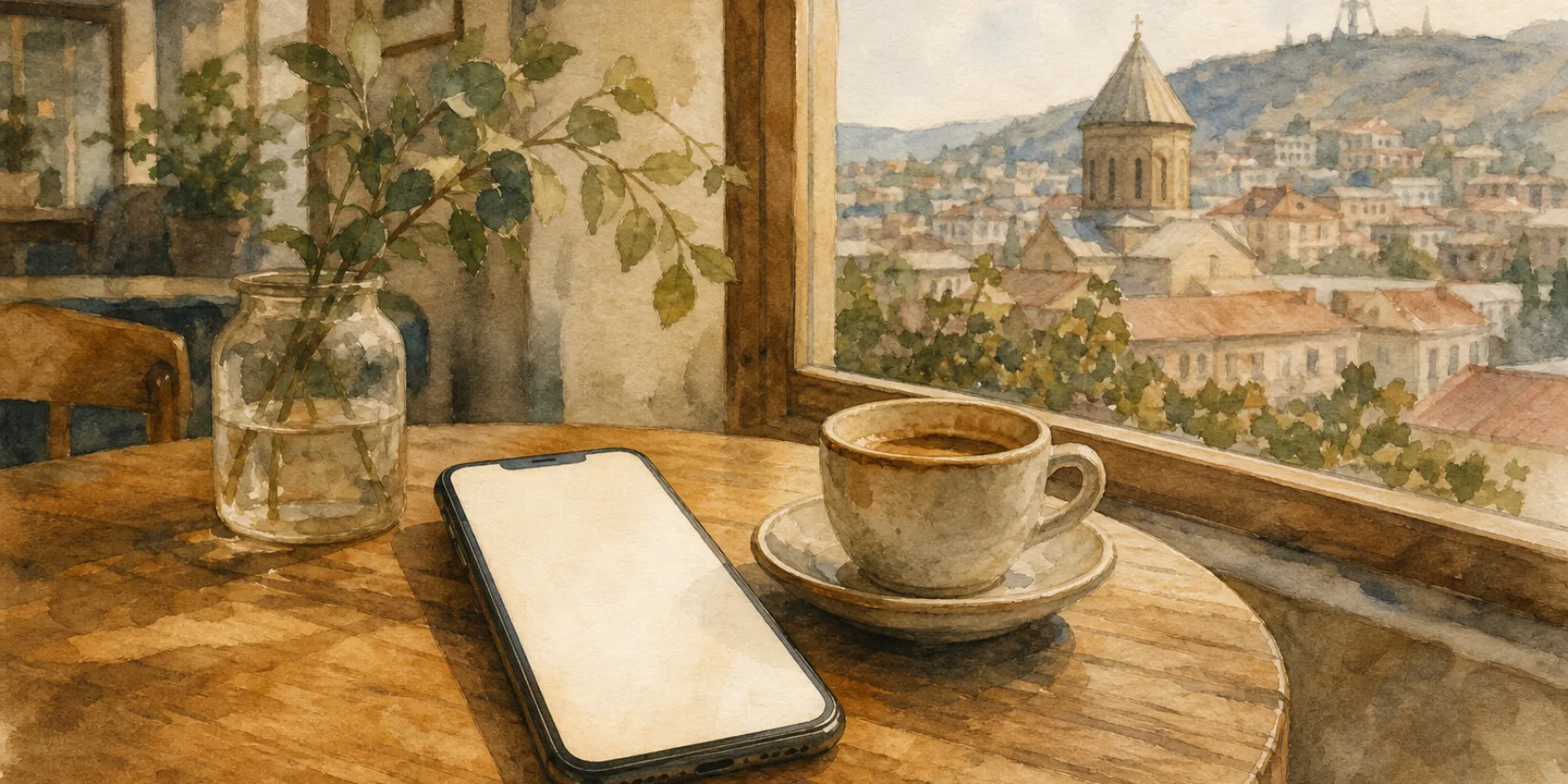 A phone on a cafe table, where Georgian SMS messages arrive written in the Georgian chat alphabet