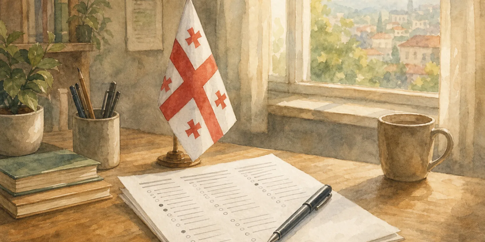 A desk with a printed multiple choice exam sheet and a pen, the kind used to prepare for the Georgian citizenship exam.