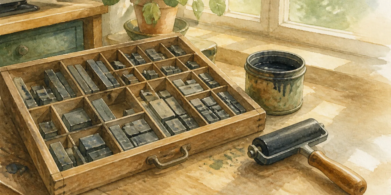 A wooden tray of old letterpress type blocks on a workbench with ink and a brayer nearby, the raw material of a Georgian font.