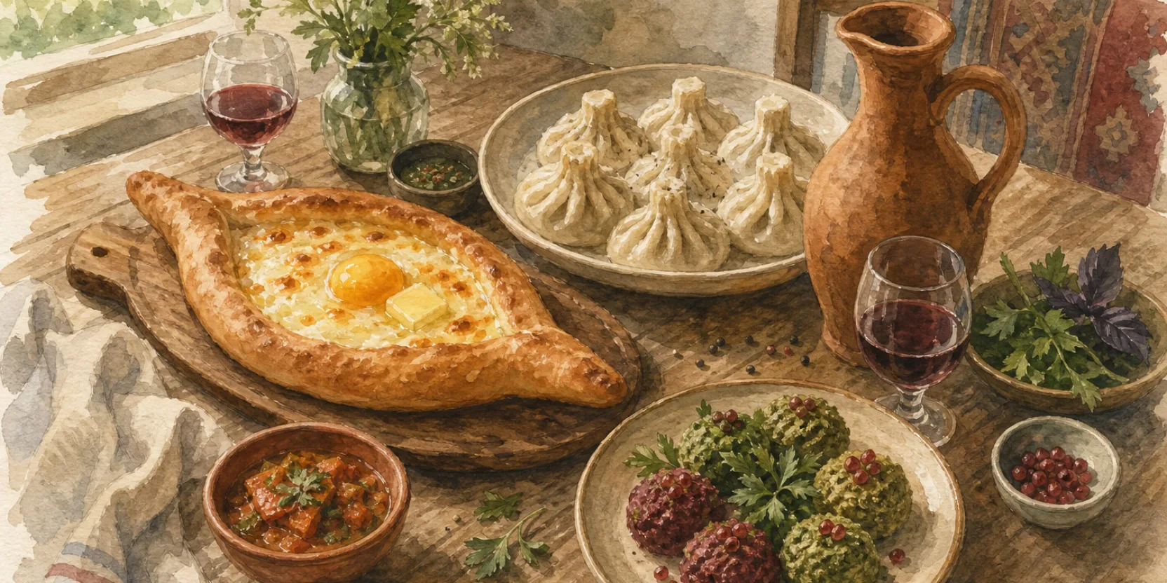 Georgian food spread on a wooden table: khachapuri, khinkali, pkhali, and wine