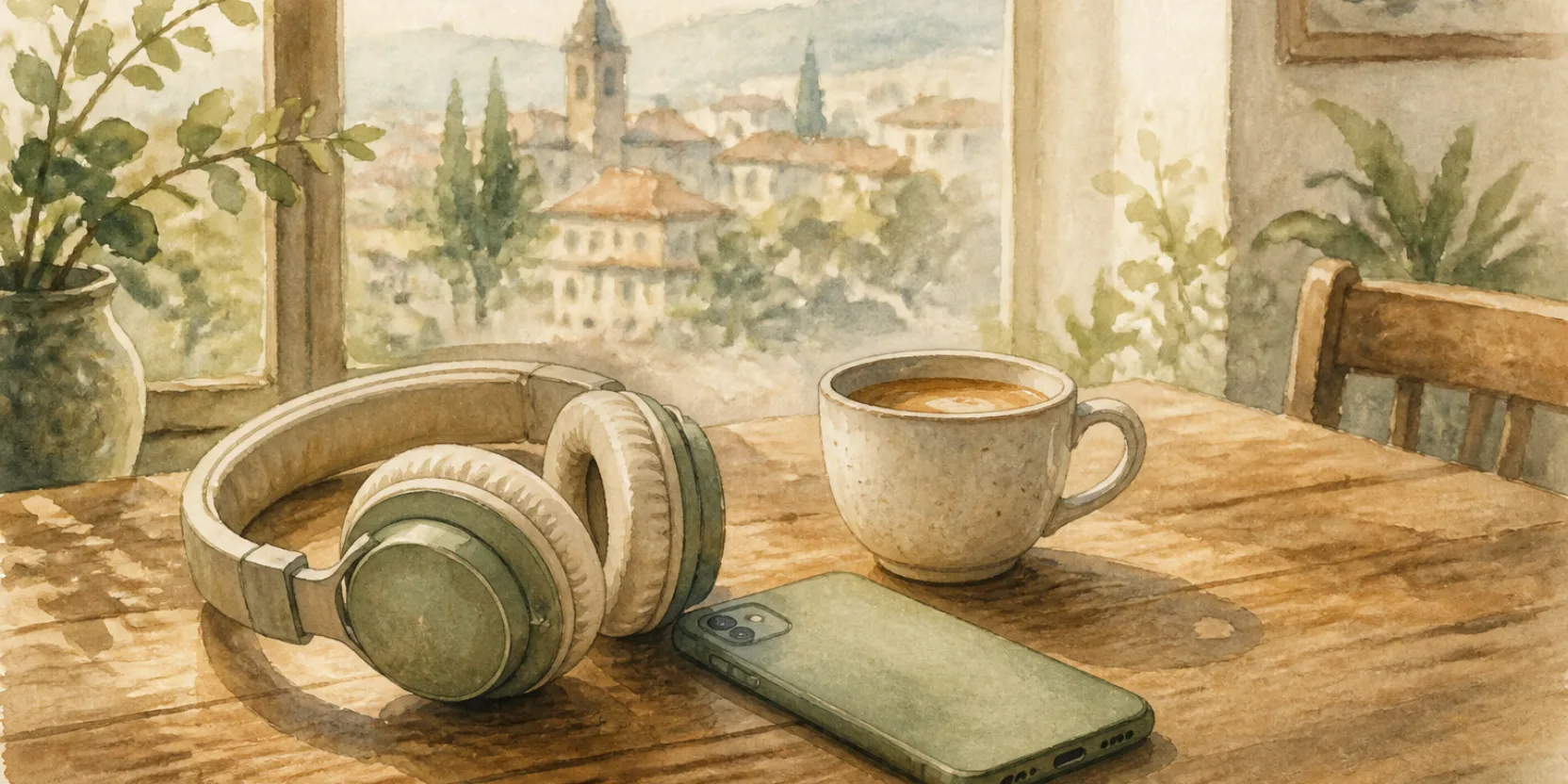 Headphones, a phone, and a coffee on a cafe table, the audio-first setup for learning Georgian as a beginner.