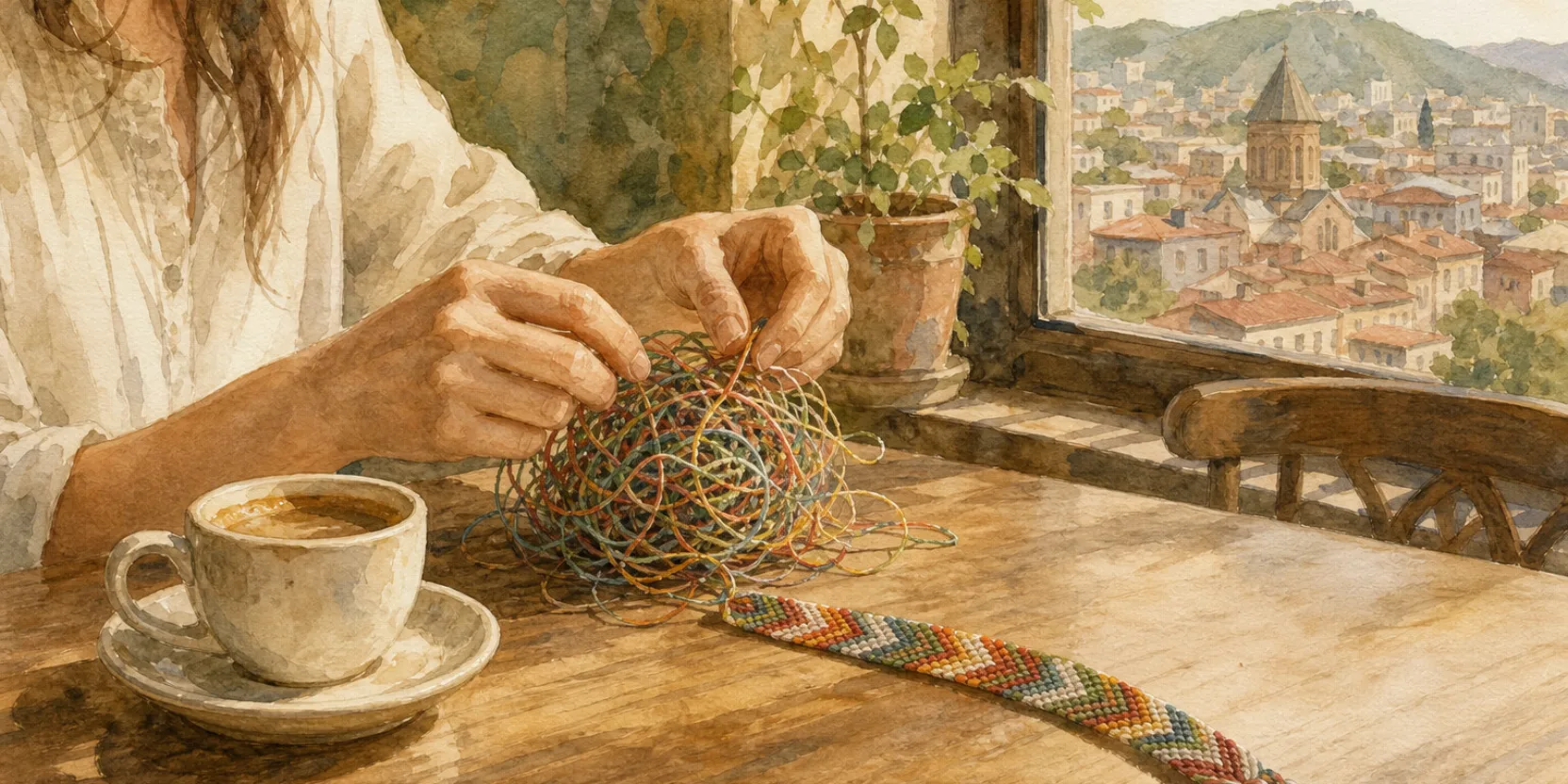 A tangled ball of colorful thread resolving into a neat woven band on a sunlit cafe table, an illustration of Georgian grammar becoming clear