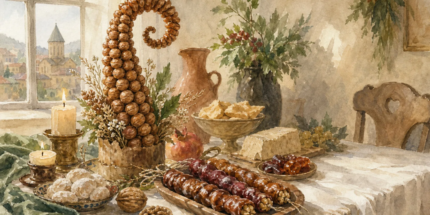 A festive Georgian New Year table with a chichilaki and candles, representing Georgian holidays