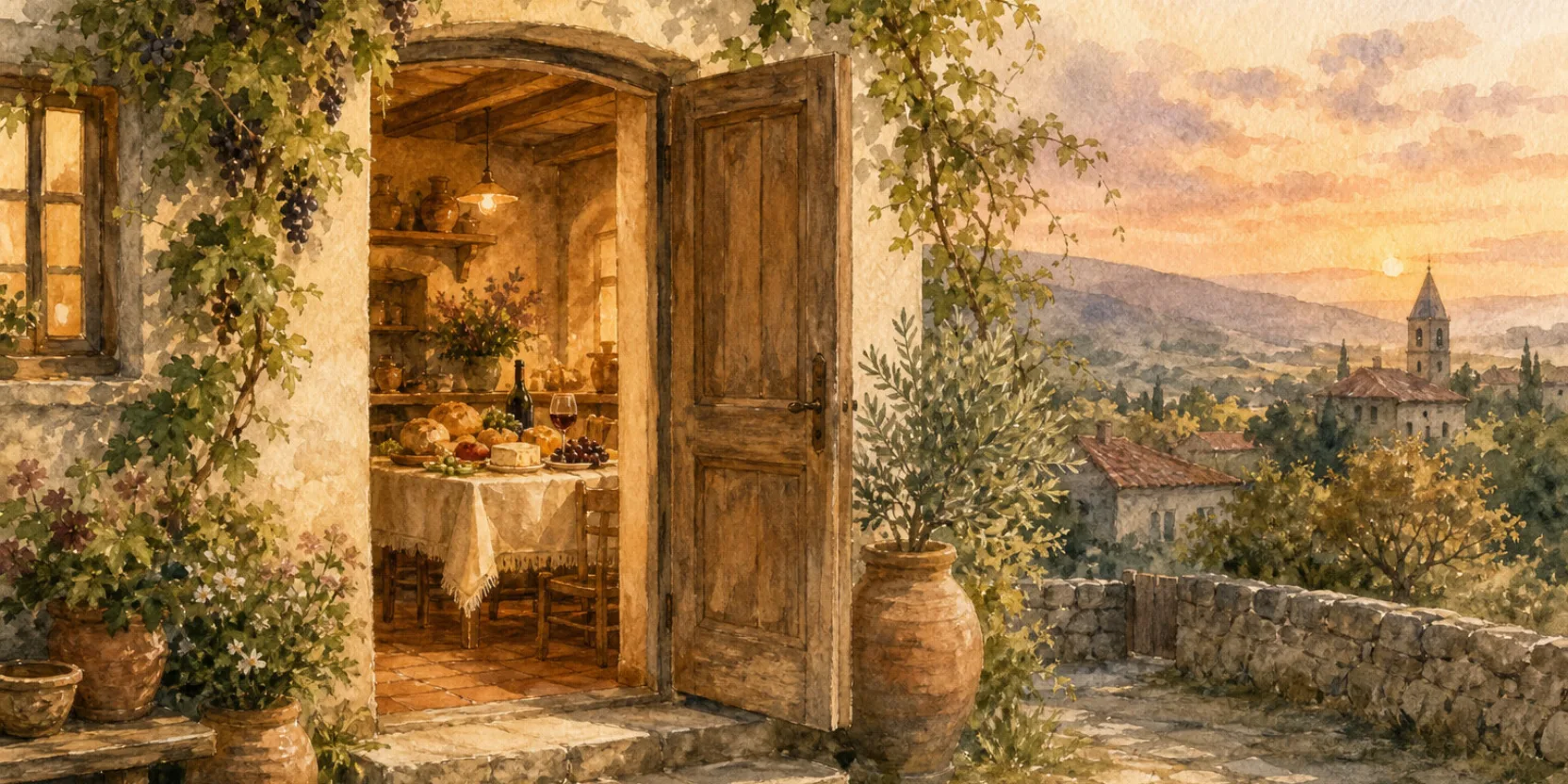 An open village doorway at dusk with a laid table glowing inside, representing Georgian hospitality