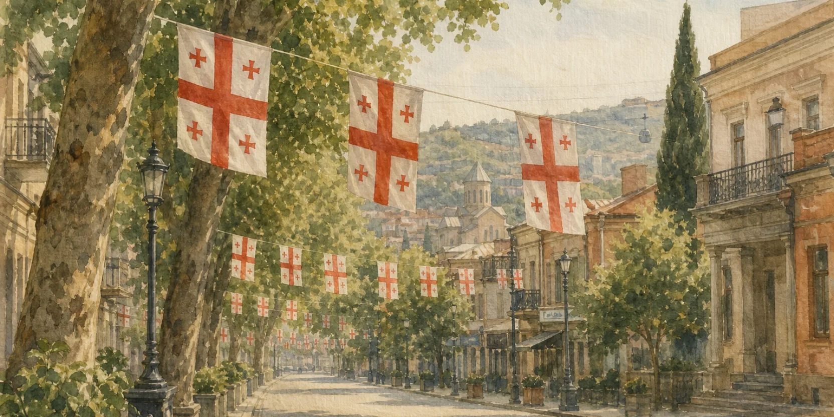 Georgian flags strung along a Tbilisi avenue for Georgian Independence Day, watercolor illustration