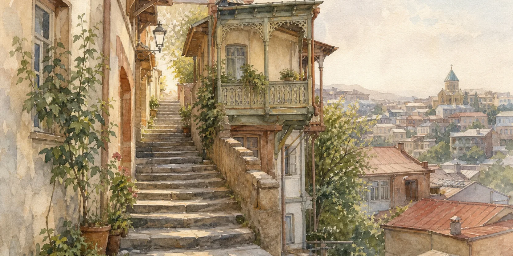Georgian language levels illustrated as a staircase from A1 to C1 over Tbilisi