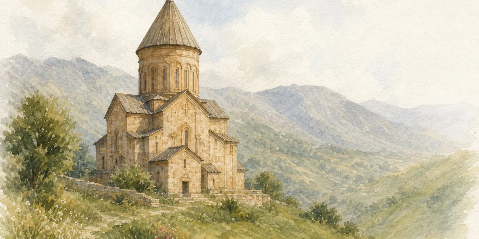 A stone Georgian Orthodox church with a conical dome on a green hillside, watercolor in soft light.