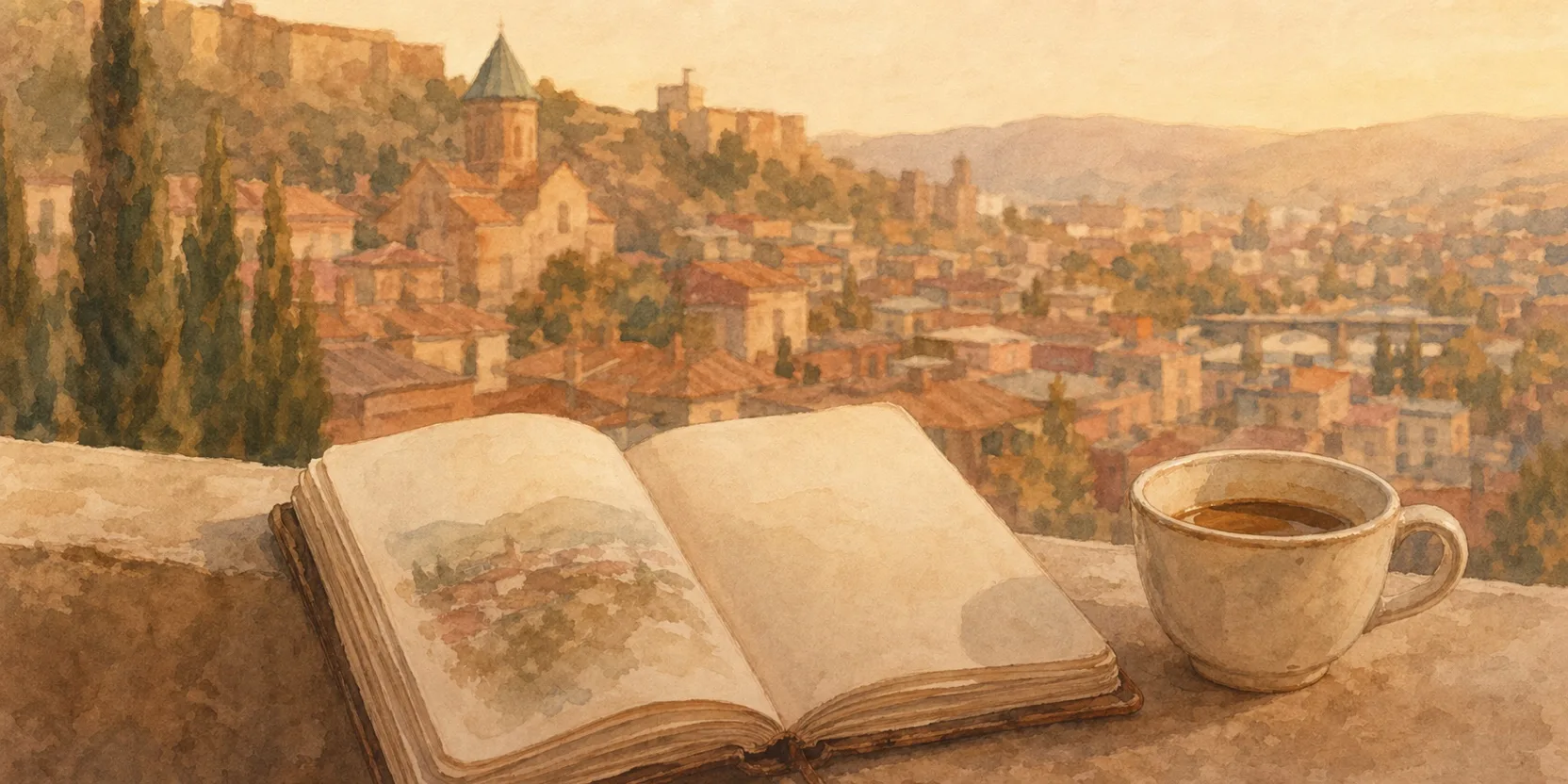 Hand holding a small phrasebook on a Tbilisi balcony, blurred city behind