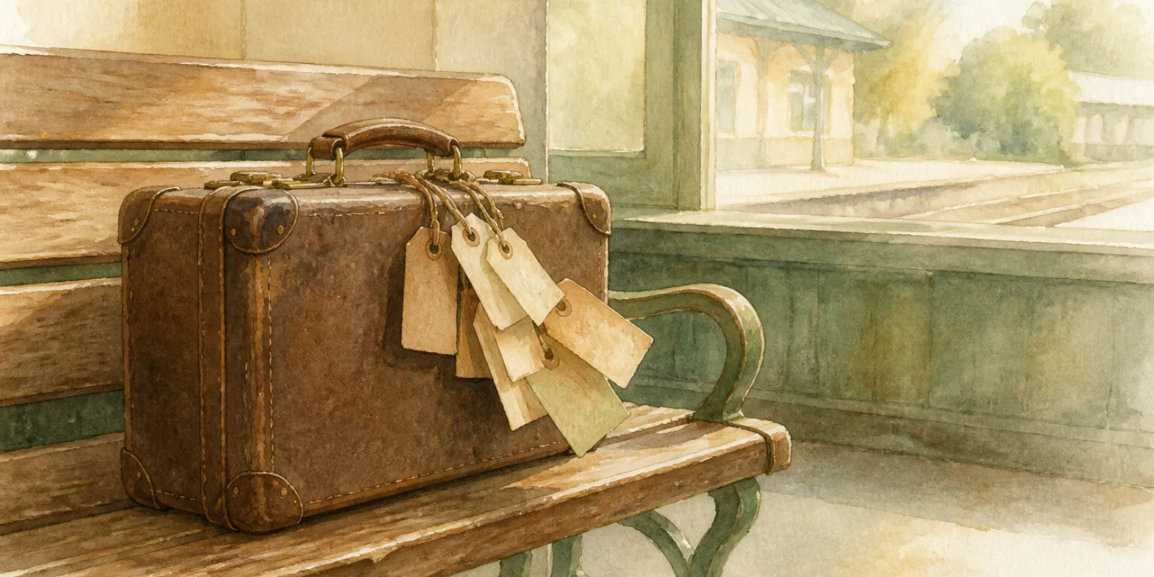 A row of paper luggage tags tied to the handle of a leather suitcase on a station bench, trailing behind it the way Georgian postpositions trail their nouns.