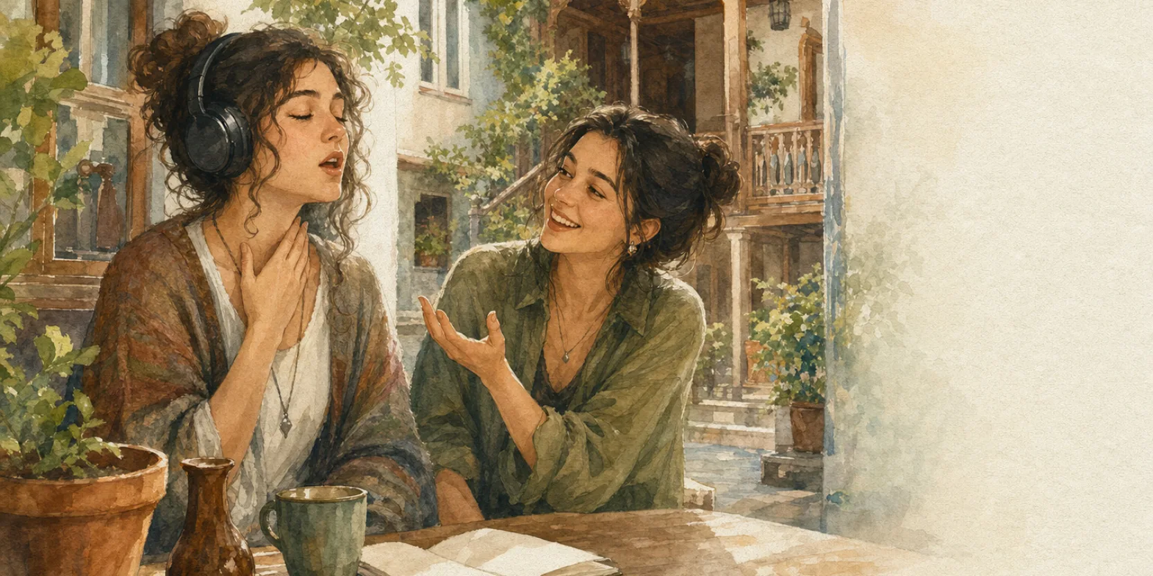 Two friends at a Tbilisi cafe table practicing Georgian pronunciation, one holding a hand at their throat