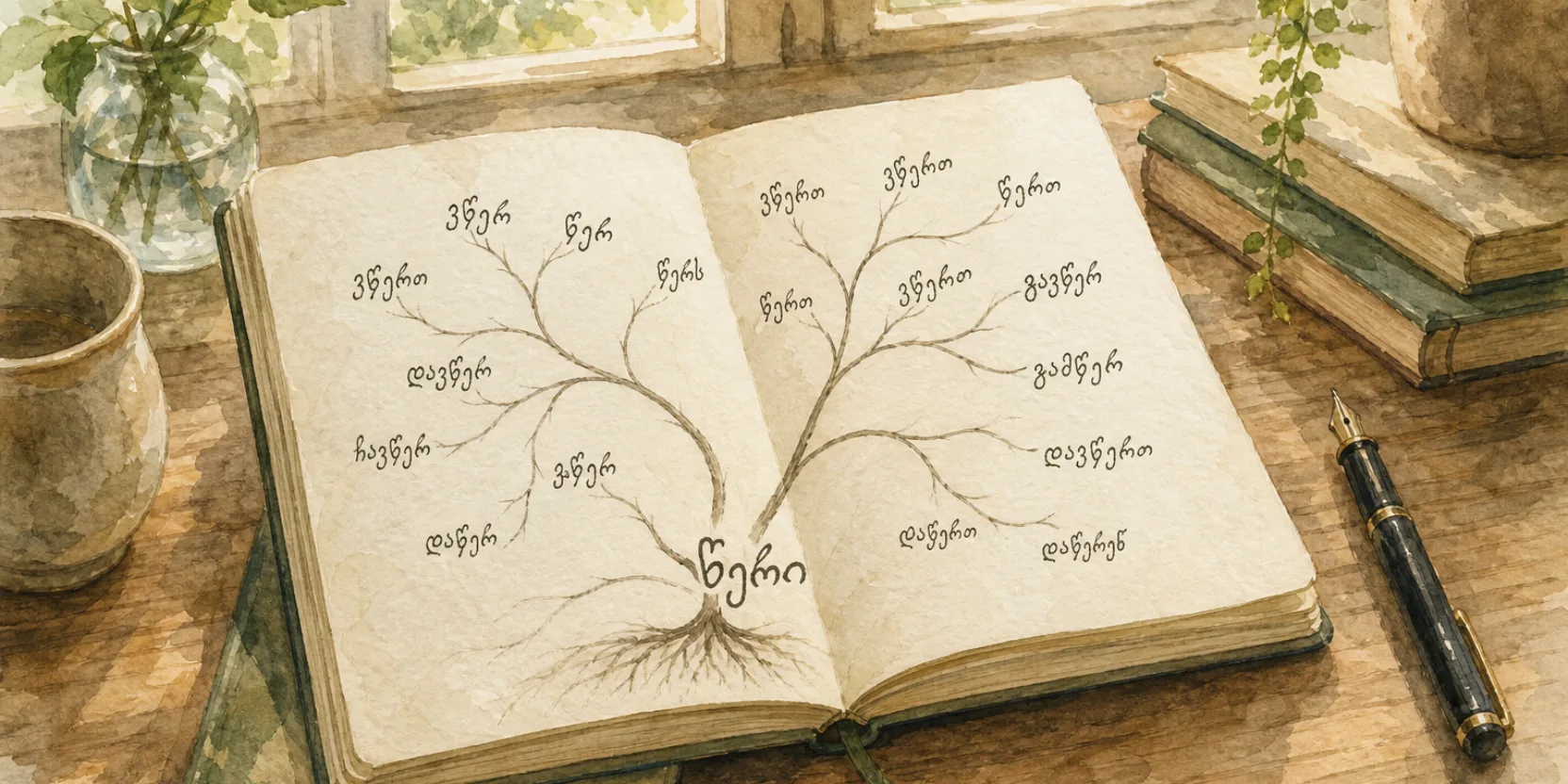 Watercolor illustration of Georgian verb conjugation tables and handwritten Georgian script