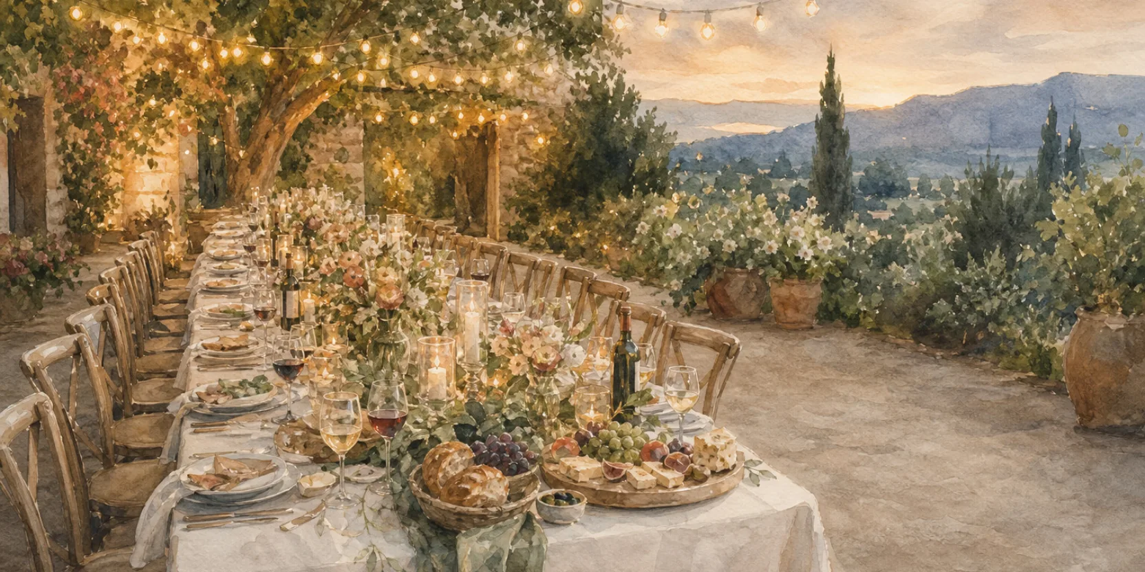 A long festive Georgian wedding table at dusk with strung lights and abundant food, watercolor.