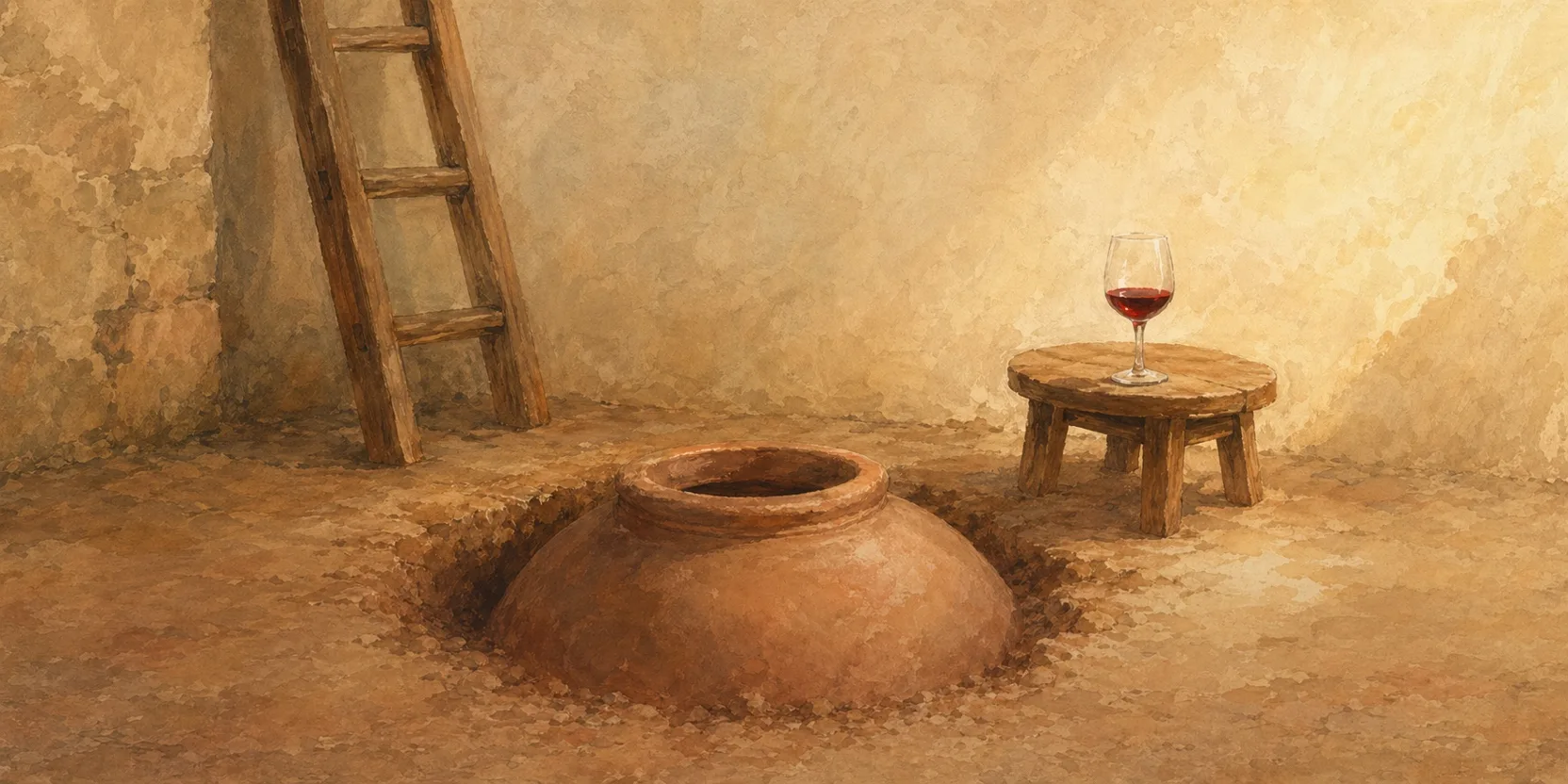 Qvevri (clay vessel) in a Kakheti wine cellar, warm light