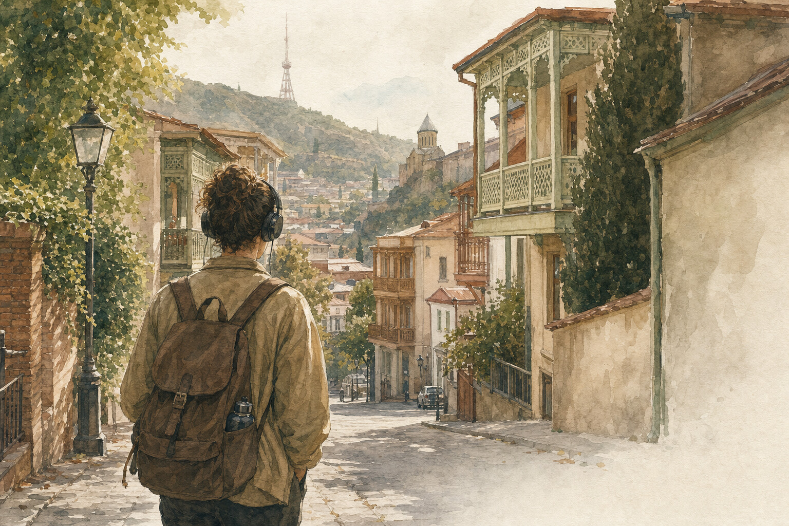 A person walking a Tbilisi street with headphones, learning Georgian without a teacher, watercolor in warm light.