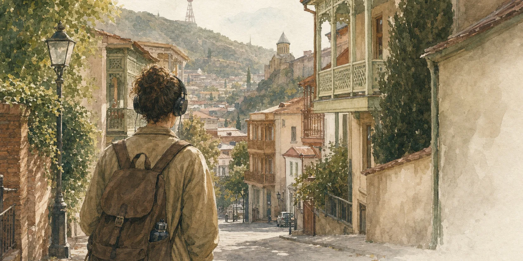 A person walking a Tbilisi street with headphones, learning Georgian without a teacher, watercolor in warm light.