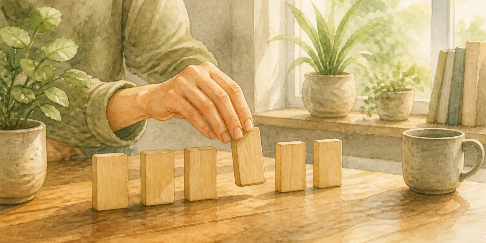A hand rearranging a row of plain wooden tiles on a table, the way Georgian word order moves words without breaking the sentence.