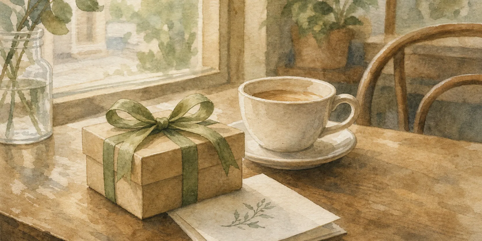 A small wrapped gift on a wooden cafe table next to a coffee and a handwritten card, warm watercolor