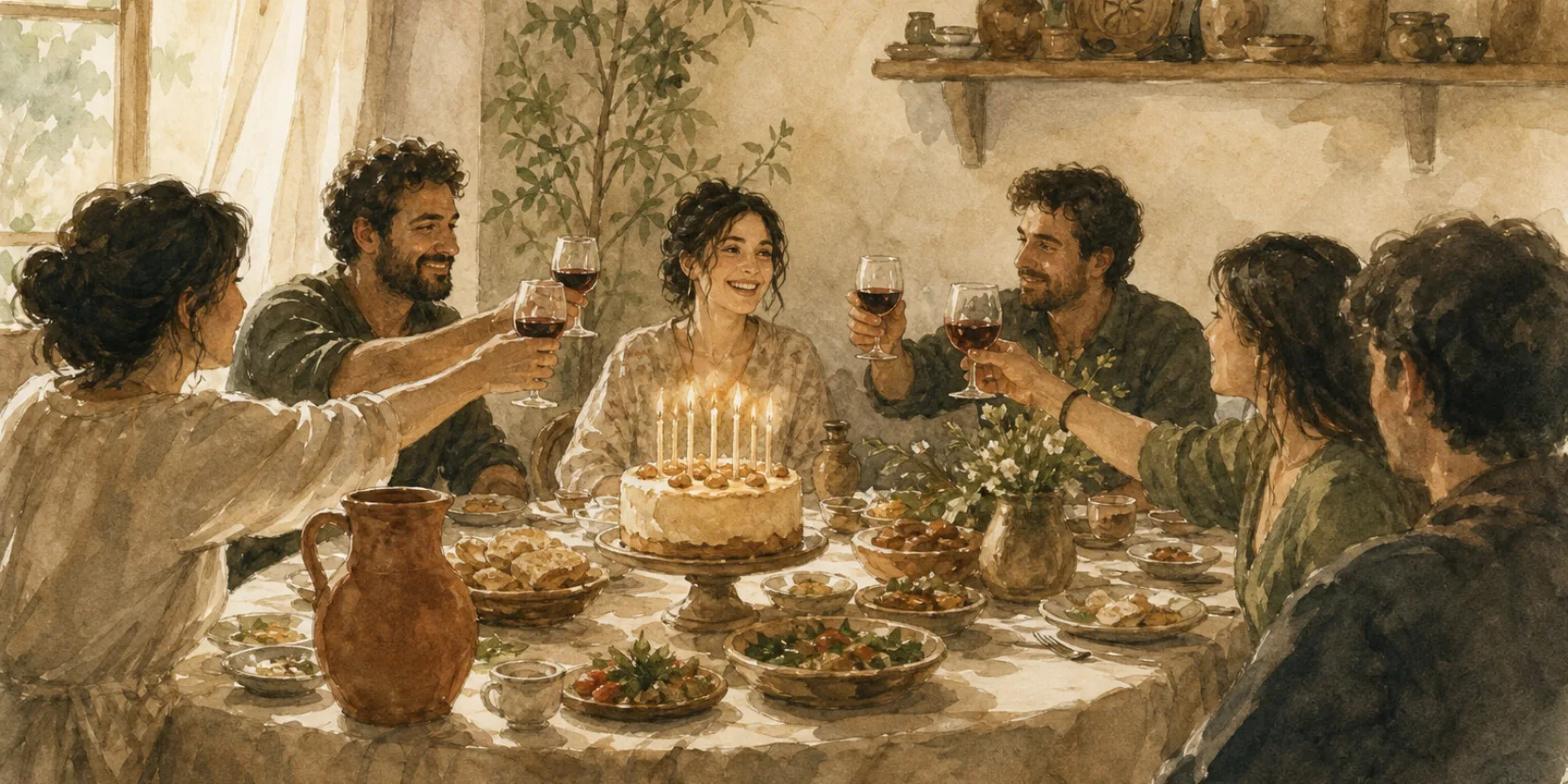 Candle-lit birthday cake on a Georgian supra table with raised glasses, ready to say happy birthday in Georgian, watercolor