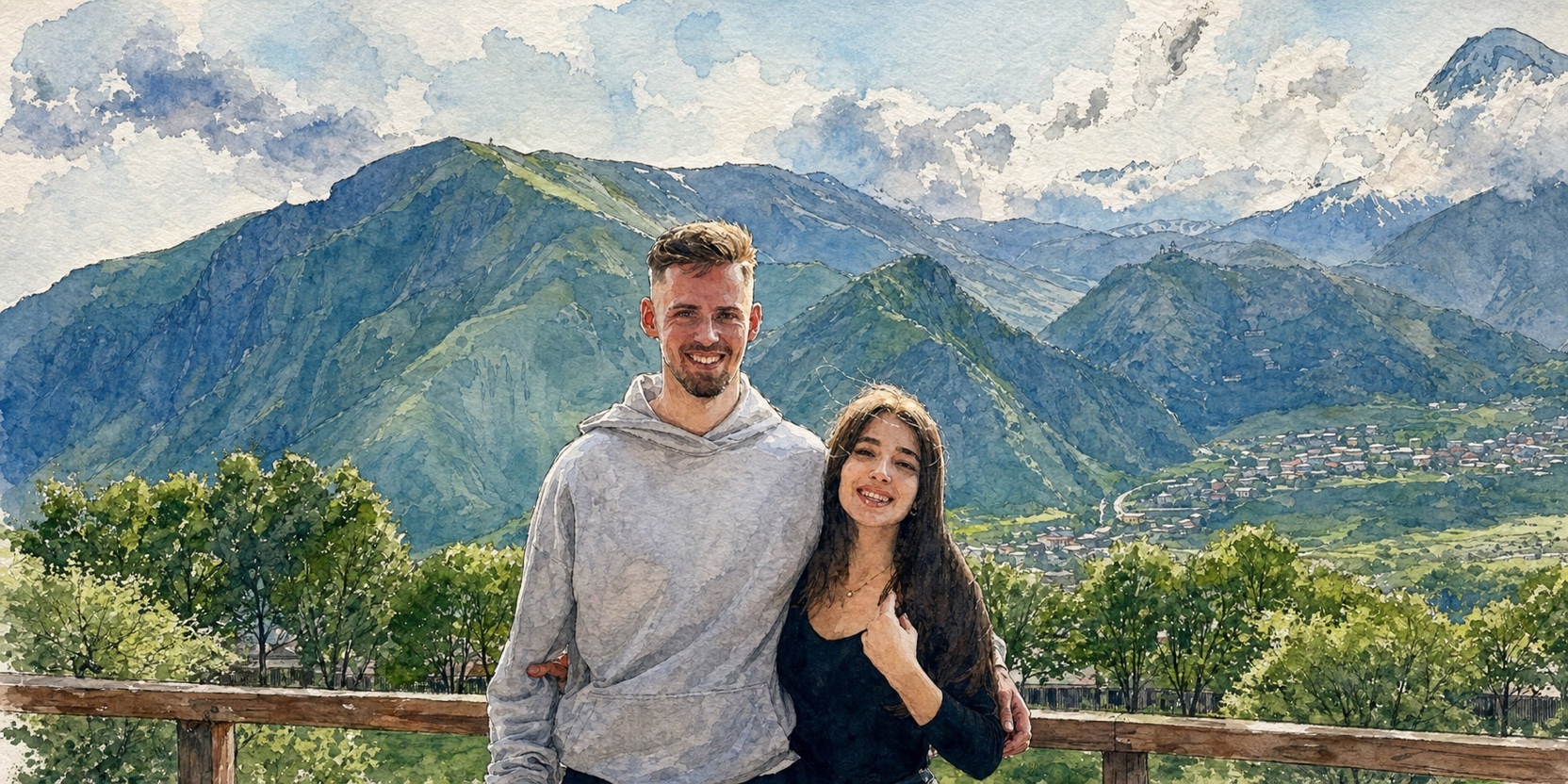 Lasse and Tamar at the Kazbegi viewing platform, Mount Kazbek behind