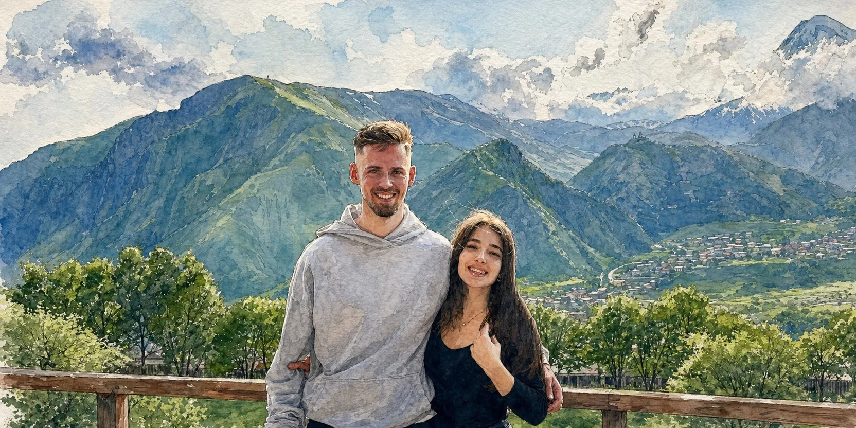 Lasse and Tamar at the Kazbegi viewing platform, Mount Kazbek behind