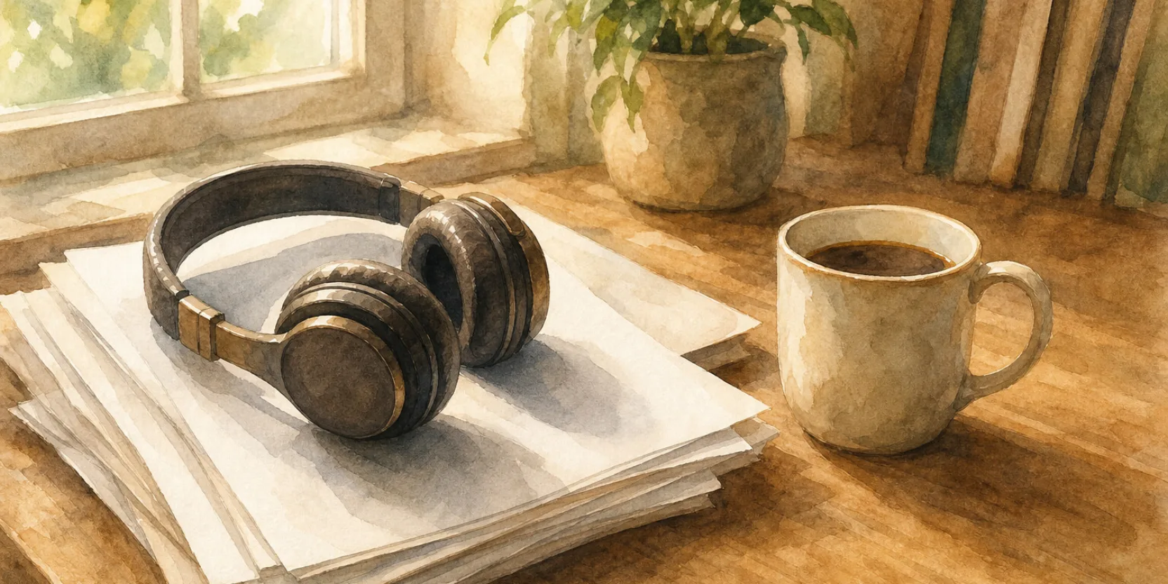 Watercolor of headphones resting on a stack of research papers beside a coffee cup in warm window light, illustrating how Georgian is learned