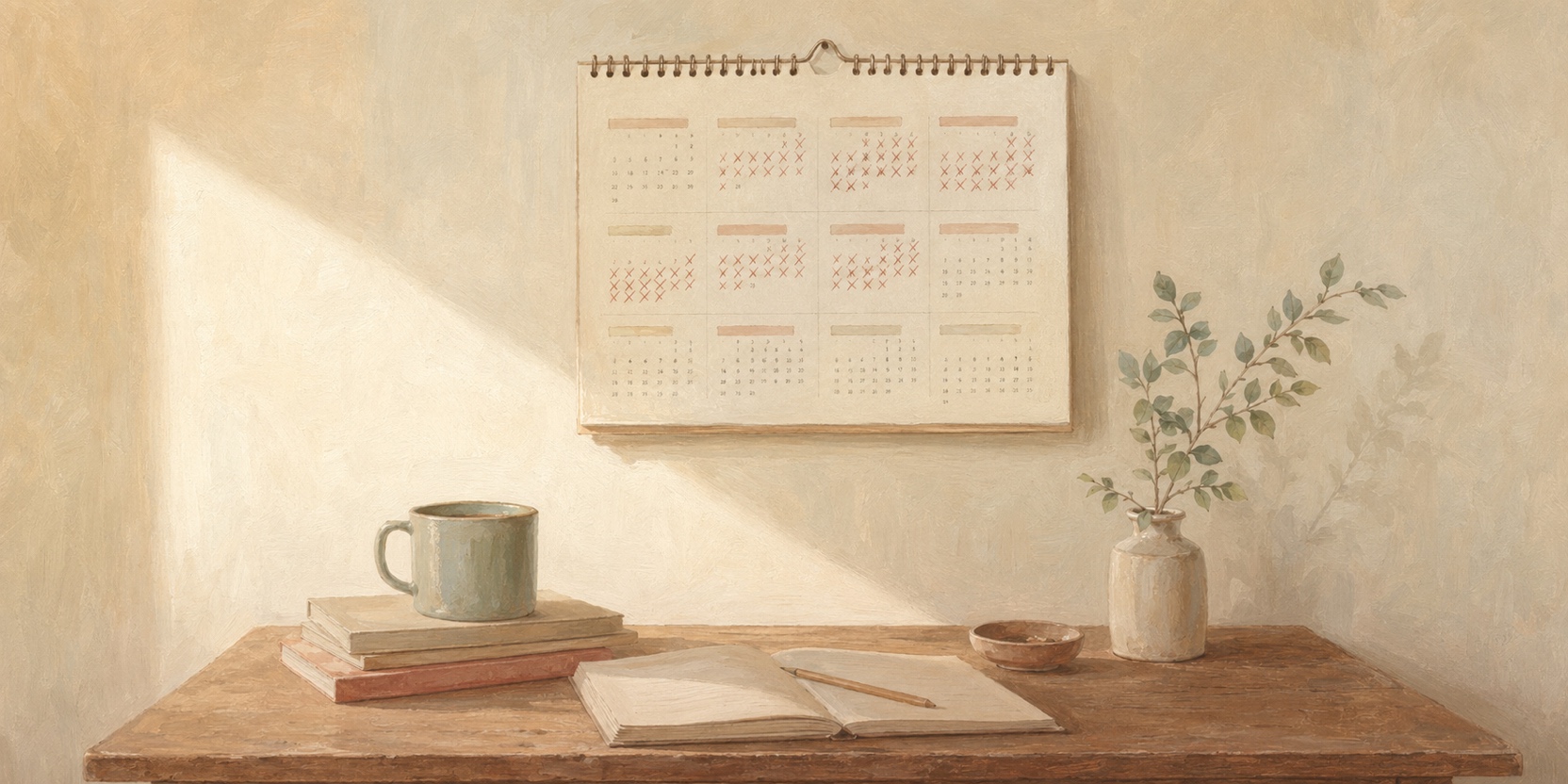 Calendar pages on a wall, several months marked, a coffee cup in foreground