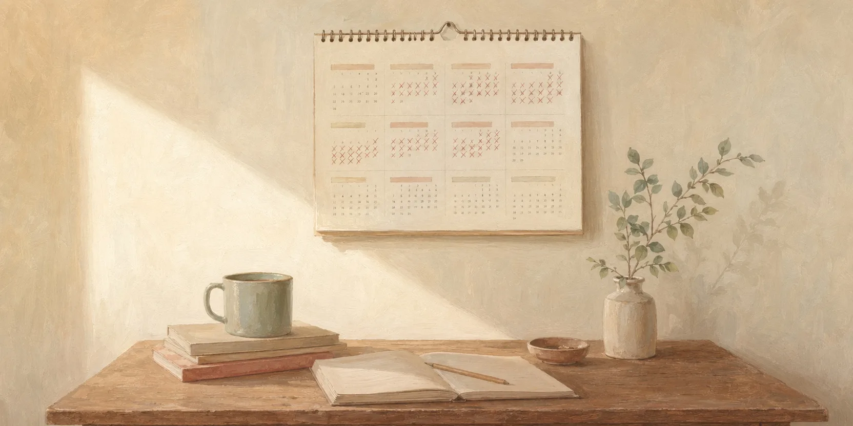Calendar pages on a wall, several months marked, a coffee cup in foreground